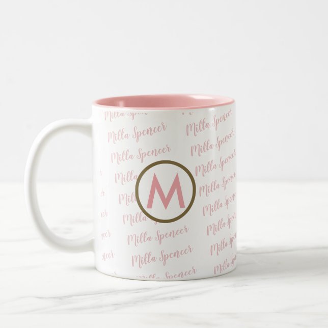 rosa Tasse mit Monogramm und Namensmuster (Links)