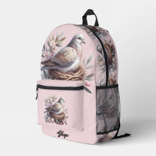 Rosa Taubennest mit Blumen und Olivenzweigen Bedruckter Rucksack
