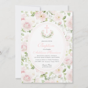 Rosa Tauf Einladung mit Blumen, Mädchen Taufe,