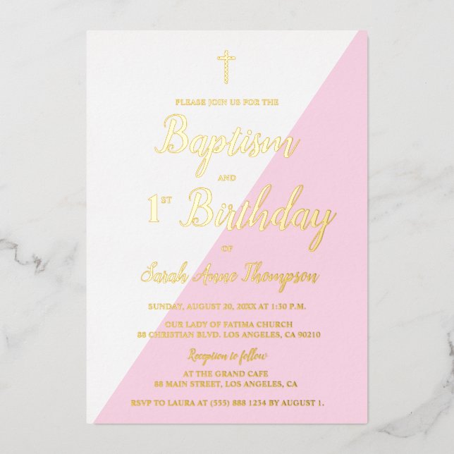 Rosa Taufe 1. Geburtstag Cross metallic Folieneinladung (Vorderseite)