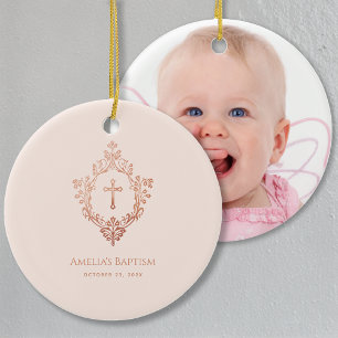 Rosa Taufkreuz im Wappen Roségold Mädchen Foto Keramik Ornament