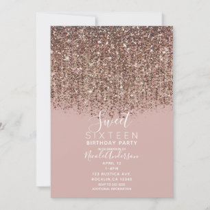 Rosa Taupe Bronze Gold Glitter Sweet 16 Party Einladung