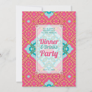 Rosa Teal Gold Boho Chic Abendessen Getränke Party Einladung
