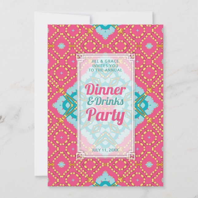Rosa Teal Gold Boho Chic Abendessen Getränke Party Einladung (Vorderseite)