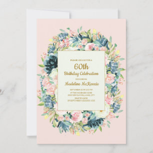 Rosa Teal Vintage Blumen Frauen 60. Geburtstag Einladung