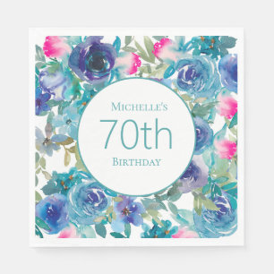 Rosa Teal-Wasserfarben-Blumen zum 70. Geburtstag Serviette