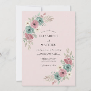 Rosa Teal Zarte Florale Hochzeit Einladung