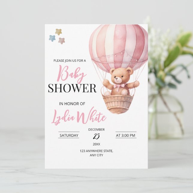 Rosa Teddy Bär Baby Dusche Einladung (Stehend Vorderseite)