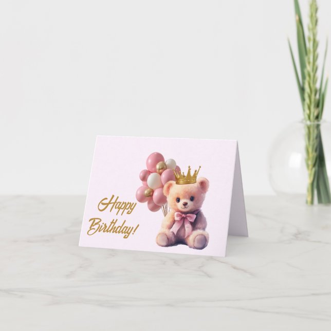 Rosa Teddy Bar Gold Crown Happy Birthday Dankeskarte (Vorderseite)