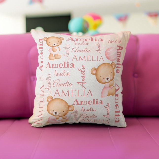 Rosa Teddy trägt personalisierten Mädchen, die das Kissen (Pink teddy bears personalized girls name collage baby throw pillow baby gifts baby shower gifts)