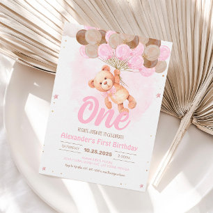 Rosa Teddybär 1. Geburtstags-Ballon-Einladung Einladung