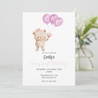 Rosa Teddybär 1. Geburtstagsfeier für Mädchen Einladung