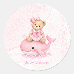 Rosa Teddybär auf Wal Mädchen Baby-Party Runder Aufkleber