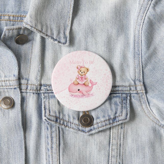 Rosa Teddybär auf Wal - werdende Mutter Button (Beispiel)