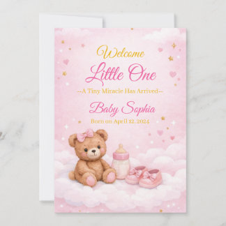 Rosa Teddybär Baby Mädchen Geburtsanzeige Karte