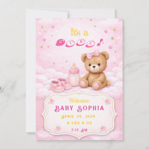 Rosa Teddybär Baby Mädchen Geburtsanzeige Karte