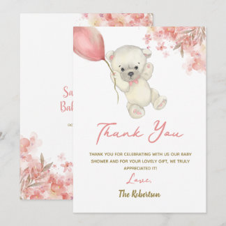 Rosa Teddybär-Baby-Party | Florale Babymädchen Dankeskarte