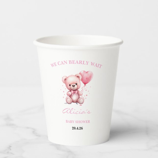 Rosa Teddybär-Baby-Party Pappbecher (Vorderseite)