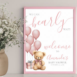 Rosa Teddybär-Ballon-Baby-Shower-Willkommen Poster
