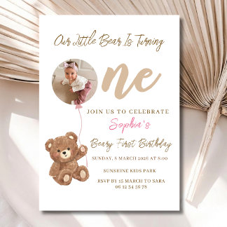 Rosa Teddybär Beary Erstes Foto Geburtstag Einladung