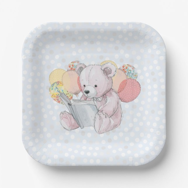 Rosa Teddybär beim Lesen eines Buches  Pappteller (Vorderseite)
