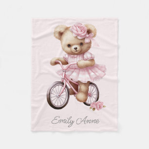 Rosa Teddybär Blumen Fahrrad Name des Kindes Fleecedecke