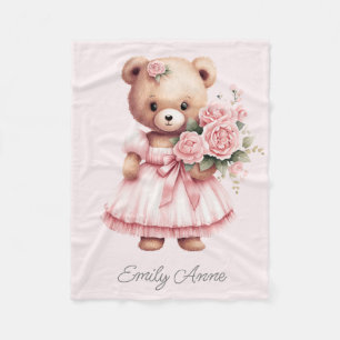 Rosa Teddybär Blumen Name des Kindes Fleecedecke