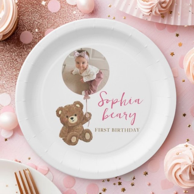 Rosa Teddybär Erster Geburtstag Foto Pappteller (Von Creator hochgeladen)