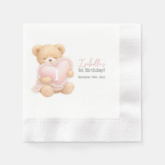 Rosa Teddybär Gingham Mädchen 1. Geburtstag Serviette