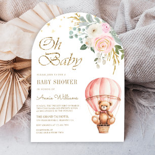 Rosa Teddybär-Heißluftballon-Baby-Party Einladung