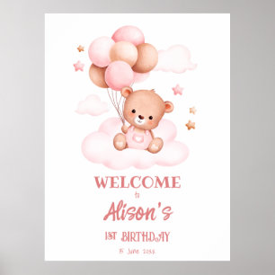 Rosa Teddybär mit Ballons auf Wolken Poster