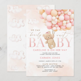 Rosa Teddybär mit Ballons Babyparty-Einladung Einladung