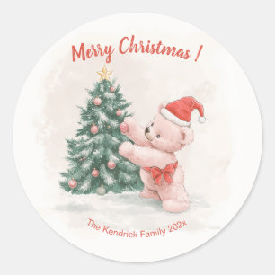 Rosa Teddybär Retro-Weihnachten Runder Aufkleber