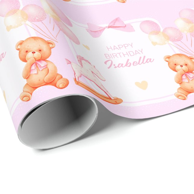 Rosa Teddybär und Rockpferd Geschenkpapier (Rolleneckpunkt)