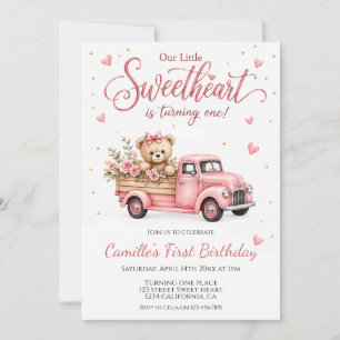 Rosa Teddybär Vintage-LKW Blumen 1. Geburtstag Einladung
