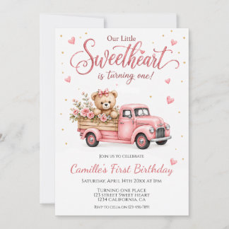 Rosa Teddybär Vintage-LKW Blumen 1. Geburtstag Einladung