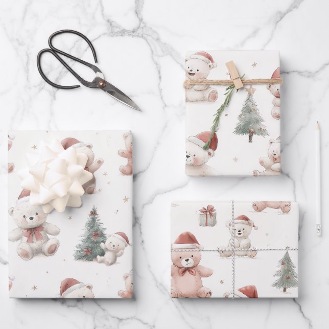 Rosa Teddybär Weihnachten  Geschenkpapier Set (Vorderseite)
