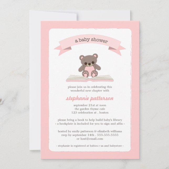 Rosa Teddybear holen eine Buch-Babyparty-Einladung Einladung (Vorderseite)