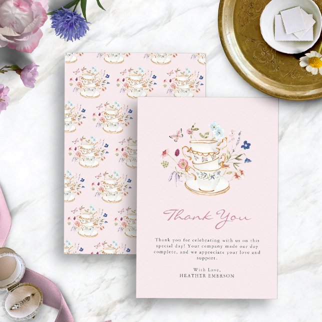 Rosa Tee-Party Dankeskarte (Blush Pink Tea Party Thank You Card with Butterfly by Painted Paperie
)