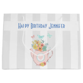 Rosa Teekanne mit Blume & Schmetterlingen Geburtst Große Geschenktüte