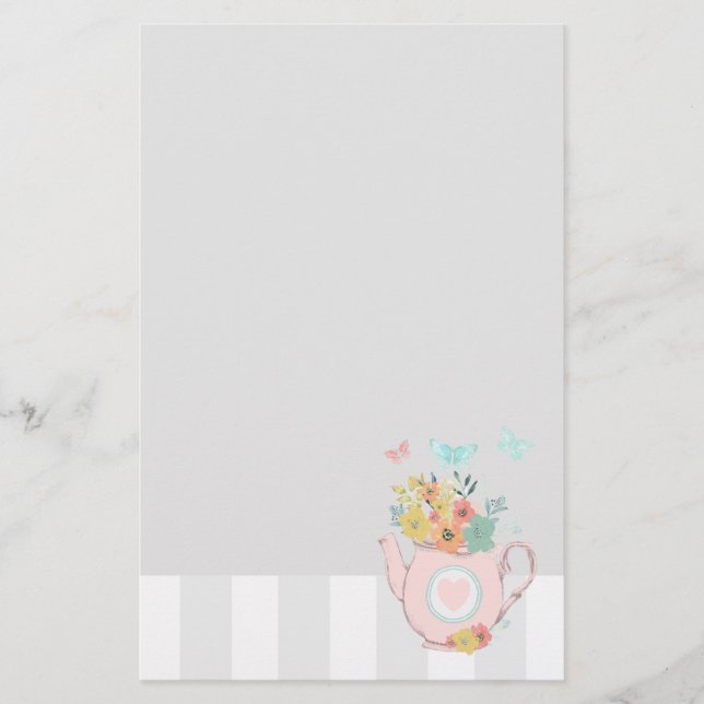 Rosa Teekanne mit Blume und Schmetterlingen Briefpapier (Vorderseite)