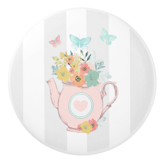 Rosa Teekanne mit Blume und Schmetterlingen Keramikknauf (Vorderseite)