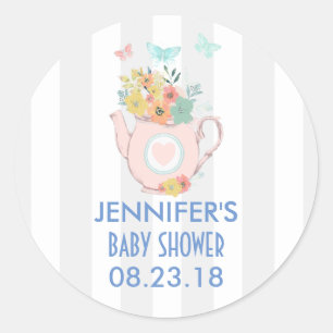 Rosa Teekanne mit Blume und Schmetterlingen Runder Aufkleber