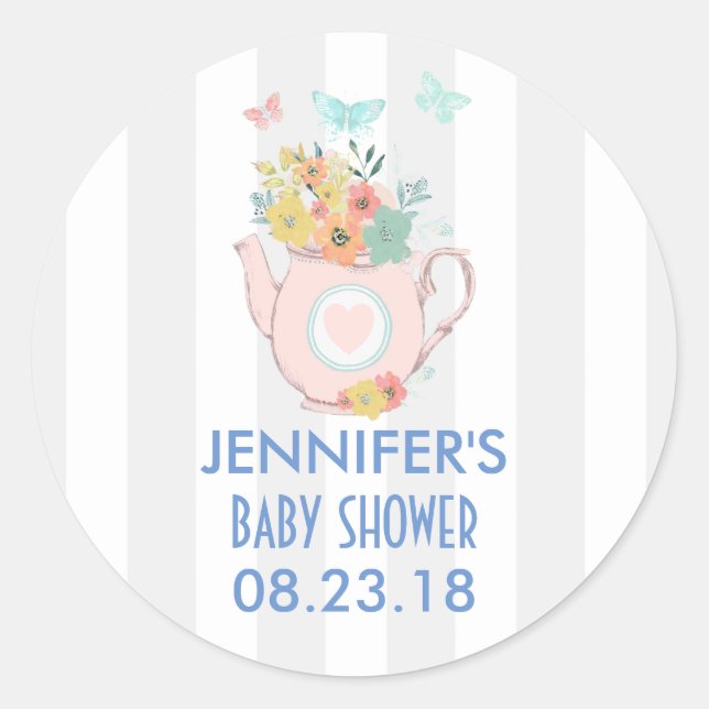 Rosa Teekanne mit Blume und Schmetterlingen Runder Aufkleber (Vorderseite)