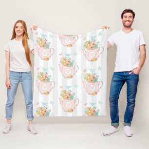 Rosa Teekanne mit Blume und Schmetterlingsmuster Fleecedecke