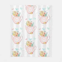 Rosa Teekanne mit Blume und Schmetterlingsmuster Fleecedecke