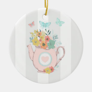 Rosa Teekanne mit Blumen & Schmetterlingen Keramik Ornament