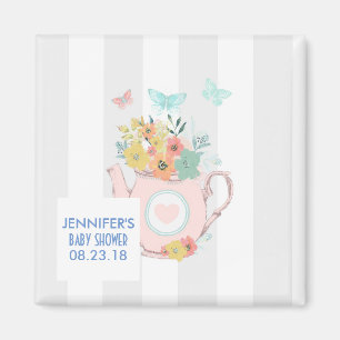 Rosa Teekanne mit Blumen und Schmetterlingen Babyp Magnet
