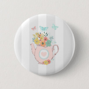 Rosa Teekanne mit Blumen und Schmetterlingen Button