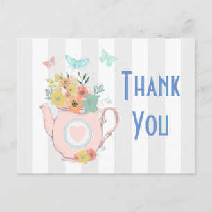 Rosa Teekanne mit Blumen und Schmetterlingen Danke Postkarte
